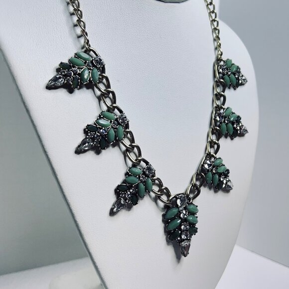 Gold Tone, Faceted Two Tone Green And Clear Rhinestone Statement Necklace (5554) - Picture 2 of 6